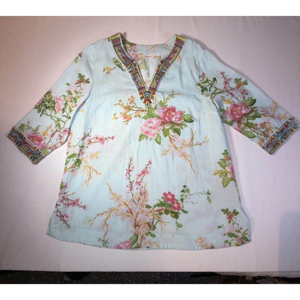 Soft Surroundings Merielle Aqua Blue Floral Embroidered Tunic Top Blouse Size PM